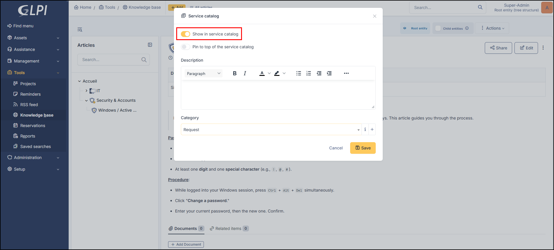 Service catalog form for KB
